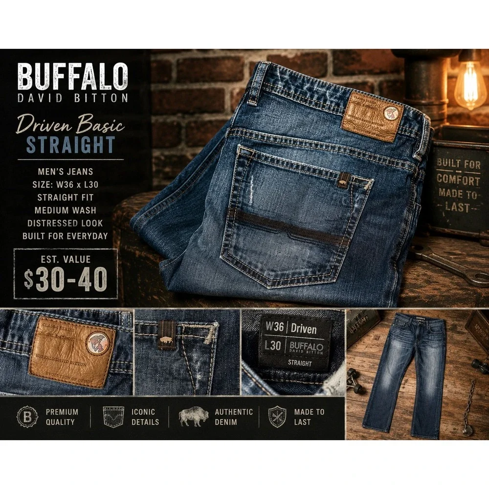 Buffalo David Bitton Driven Straight Fit Men's Jeans 36/30 Distressed Denim